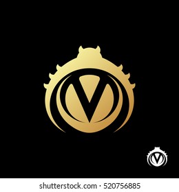 Letter M and V, logo template. Abstract gold beetle pest on a black background. For stores gardening. Modern and creative symbol for company identity, advertising, poster, banner, web and flyer.