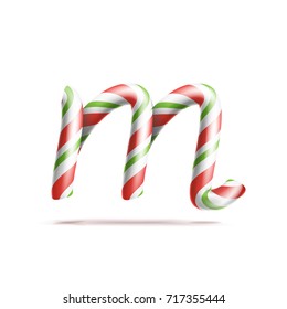 Letter M Vector. 3D Realistic Candy Cane Alphabet Symbol In Christmas Colours. New Year Letter Textured With Red, White. Typography Template. Striped Craft Isolated Object. Xmas Art Illustration