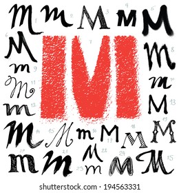 Letter M. Vector alphabet. Hand drawn letters. Letters written with a brush. Spots and blotches.