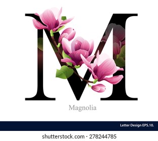 Letter M vector alphabet with magnolia flower. ABC concept type as logo. Typography design