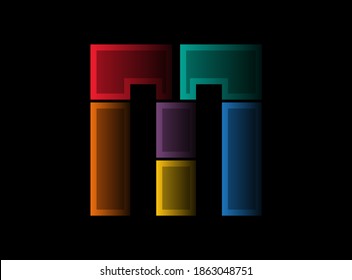 Letter M vector design, colorful font logo. Dynamic split multicolor design on black background. For social media, design elements, creative poster, web template    