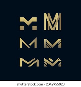 Letter M Vektorsymbol Logo-Set von 6 Markenlogos. für Ihr Unternehmen einstellbar. Luxuriöse Goldfarben, professionelles und elegantes Businesskonzept. Einzeln auf Hintergrund. Grid 