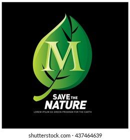 Letter M vector logo and icon save the nature. Go green poster design. Ecology campaign publication