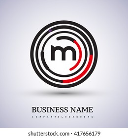 Letter M vector logo symbol in the circle thin line colored black and red. Design for your business or company identity.