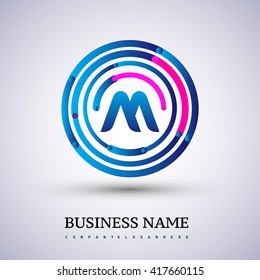 Letter M vector logo symbol in the circle thin line colored blue and red. Design for your business or company identity.