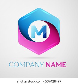 Letter M vector logo symbol in the colorful hexagonal on grey background. Vector template for your design