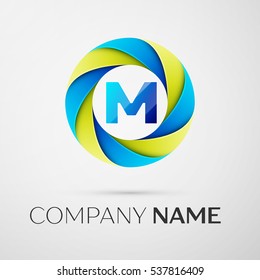 Letter M vector logo symbol in the colorful circle on grey background. Vector template for your design