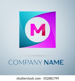 Letter M vector logo symbol in the colorful square on grey background. Vector template for your design