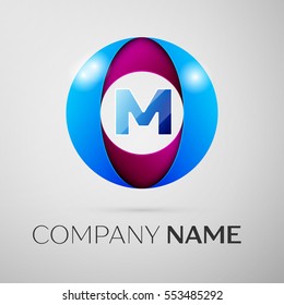 Letter M vector logo symbol in the colorful circle on grey background. Vector template for your design