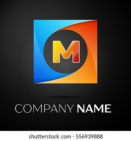Letter M vector logo symbol in the colorful square on black background. Vector template for your design