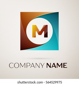 Letter M vector logo symbol in the colorful square on grey background. Vector template for your design