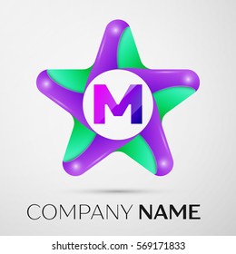 Letter M vector logo symbol in the colorful star on grey background. Vector template for your design