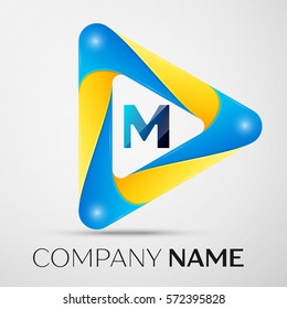 Letter M vector logo symbol in the colorful triangle on grey background. Vector template for your design