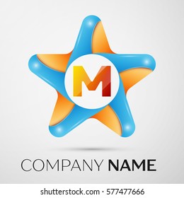 Letter M vector logo symbol in the colorful star on grey background. Vector template for your design