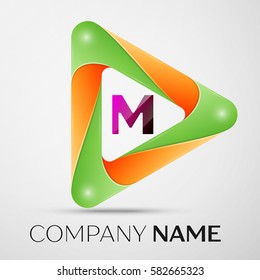 Letter M vector logo symbol in the colorful triangle on grey background. Vector template for your design