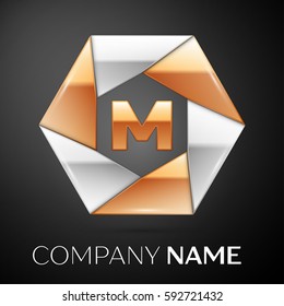 Letter M vector logo symbol in the colorful hexagon on black background. Vector template for your design