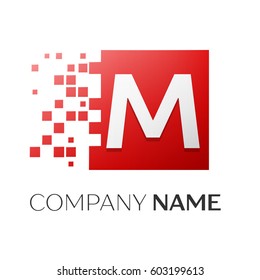 Letter M vector logo symbol in the colorful square with shattered blocks on white background. Vector template for your design