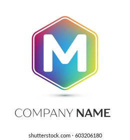 Letter M vector logo symbol in the colorful hexagonal on grey background. Vector template for your design