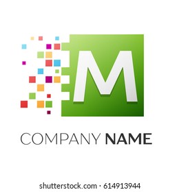 Letter M vector logo symbol in the colorful square with shattered blocks on white background. Vector template for your design