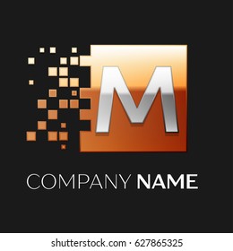 Letter M vector logo symbol in the colorful square with shattered blocks on black background. Vector template for your design