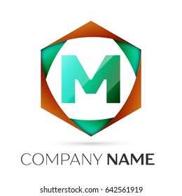 Letter M vector logo symbol in the colorful hexagonal on grey background. Vector template for your design
