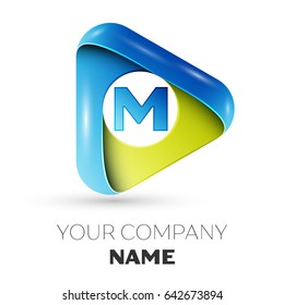 Letter M vector logo symbol in the colorful triangle on grey background. Vector template for your design
