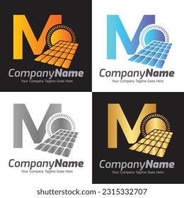 Plantilla de logotipo de vector de letra M, logotipo de letra colorida M, diseño de logotipo de potencia solar, logotipo de panel solar, energía renovable, marca de energía solar