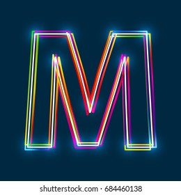 Letter M - Vector multicolored outline font with glowing effect isolated on blue background. EPS10