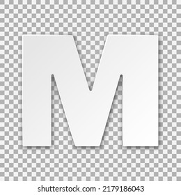 Letter M vector paper cut illustration. Monochrome volumetric font on transparent background. Best for polygraphy, print, posters, cards and web design. Editable vector illustration EPS 10.