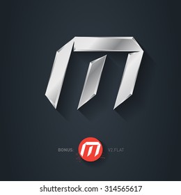 Letter M, Vector silver font. Elegant Template for company logo. Metallic Design element or icon. Pseudo origami style, including flat version.