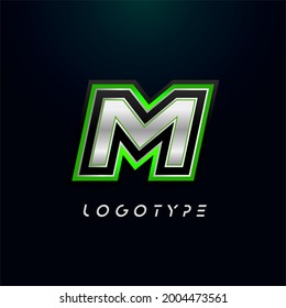 Letter M for video game logo and super hero monogram. Sport gaming emblem, bold futuristic letter with sharp angles and green outline. Tilted sharp letter type on black background