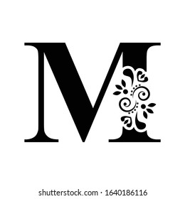 letter M. Vintage black flower ornament initial letters.  Alphabet. Logo vector 