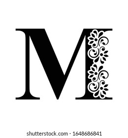 letter M. Vintage black flower ornament initial letters.  Alphabet. Logo vector 