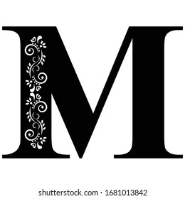 letter M. Vintage black flower ornament initial letters.  Alphabet. Logo vector 