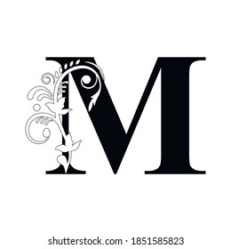 letter M. Vintage black flower ornament initial letters.  Alphabet. Logo vector 