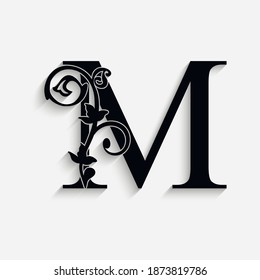 letter M. Vintage black flower ornament initial letters.  Alphabet. Logo vector 

