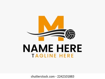 Letter M Volleyball Logo Concept With Moving Volley Ball Icon. Volleyball Sports Logotype