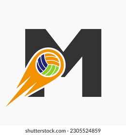 Letter M Volleyball Logo Concept With Moving Volley Ball Icon. Volleyball Sports Logotype Template