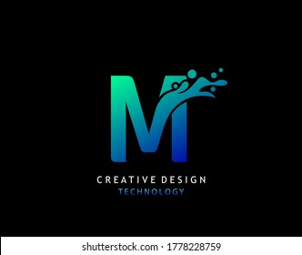Letter M Water Splash Logo. Modern Techno Alphabetical Icon, Template Design.