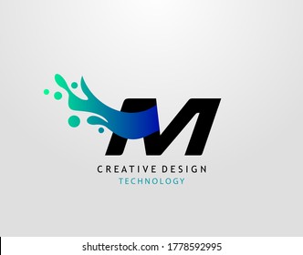 Logotipo de la letra M de salpicadura de agua. Icono Moderno Tecno Alfabeto Splatter, Diseño De Plantilla.