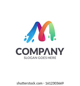Letter M water splash vector logo design, colorful liquid initial letter logo template, abstract company brand identity, 3d gradient color style