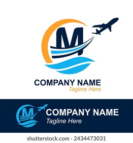 Letra M con logotipo de Onda y Avión Volador para Agencia de Viajes. Logotipo de diseño vectorial para etiqueta de transporte de viajes, turismo, publicidad de la compañía de vuelos