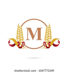 Letter M wheat logo template with ribbon. Organic concept. Nature icon symbol.