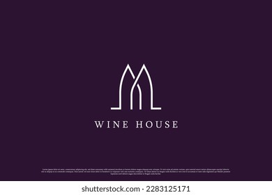 Letter M wine house logo design illustration. M letter silhouette abstract line art wine bottle house home bar vine alcohol simple minimalist. M letter wine bottle house concept creative idea design.