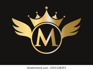 Letter M Wing Logo Concept With Crown Icon Vector Template. Wing Symbol