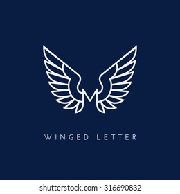 Letter M with wings. Template for logo, label, emblem, sign, stamp. Vector illustration.