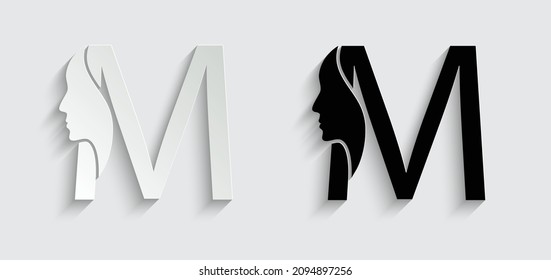 letter M woman face vector template logo beauty salon 