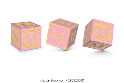 Letter M wooden alphabet blocks - vector illustration