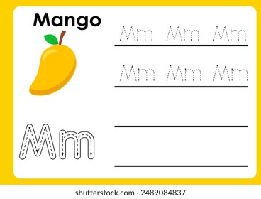 Letra m hoja de trabajo con mango. Libro de actividades de seguimiento de alfabeto en estilo ilustrativo lindo colorido