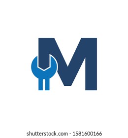 Letter M Wrench Logo Design. Handyman Repair Service. Technology Construction Industry Vector Icon.